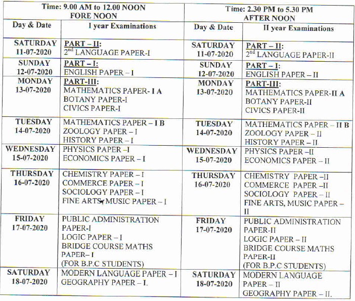 AP Inter Supply Time Table Download 2020